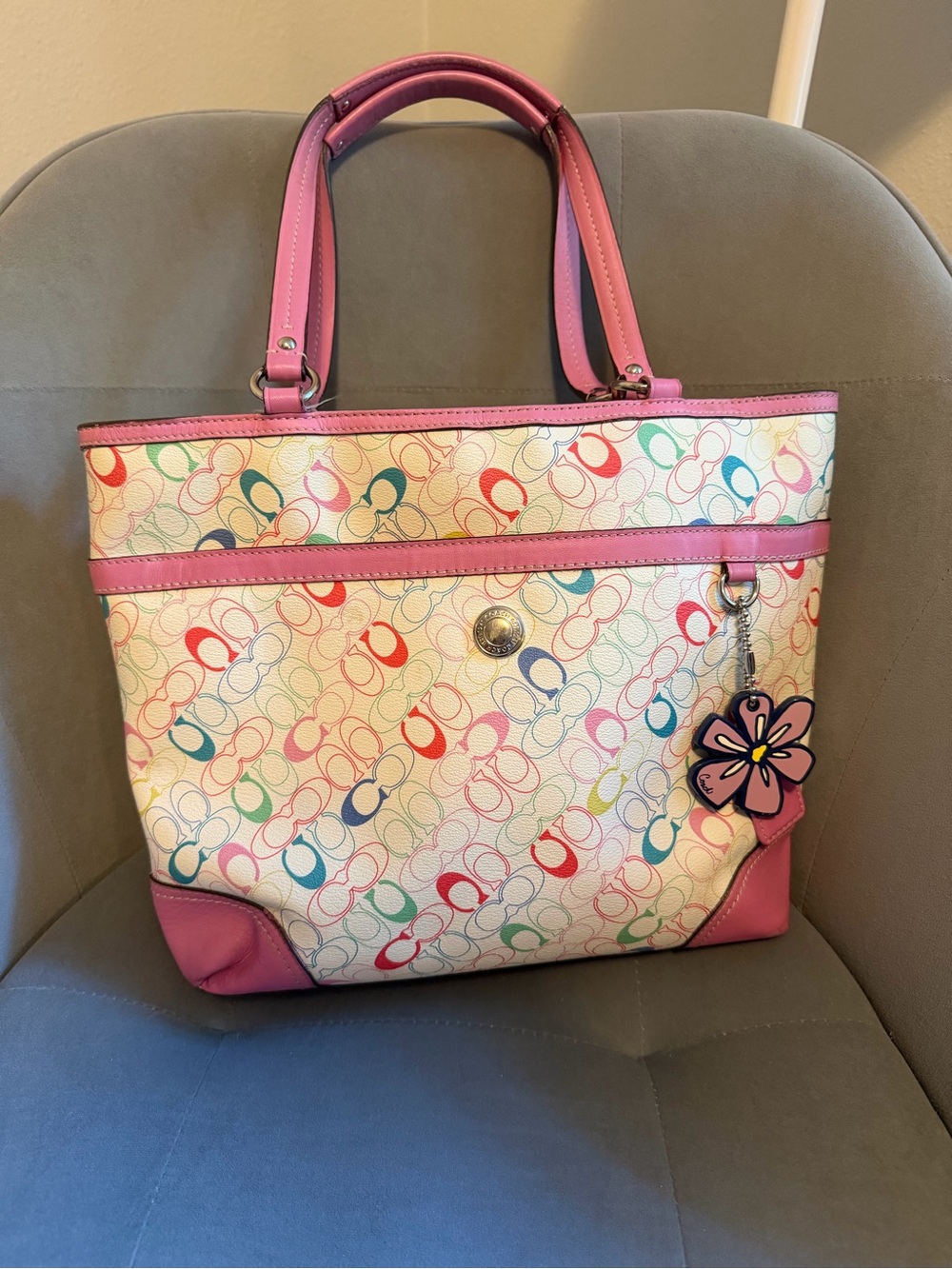 Coach Heritage Chelsea Tote with Pink Trim and Floral Charm